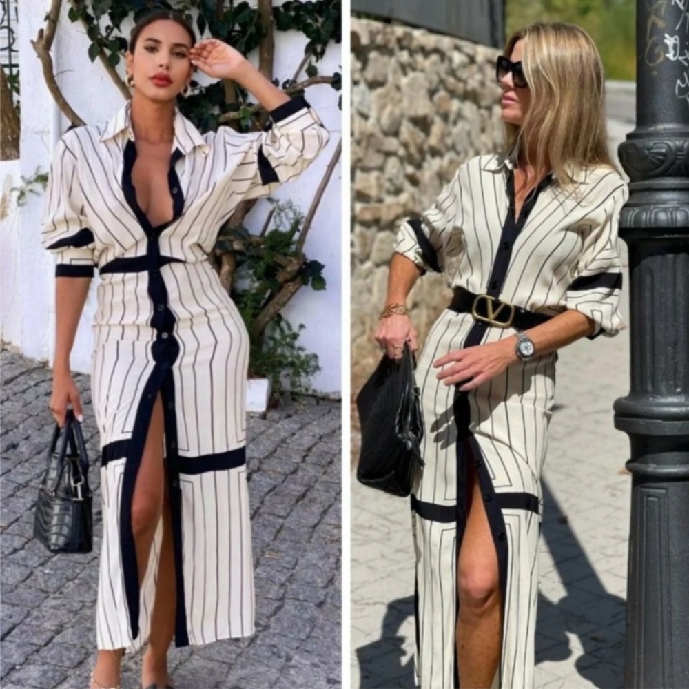 Striped Cream and Black Button-Front Shirt Dress